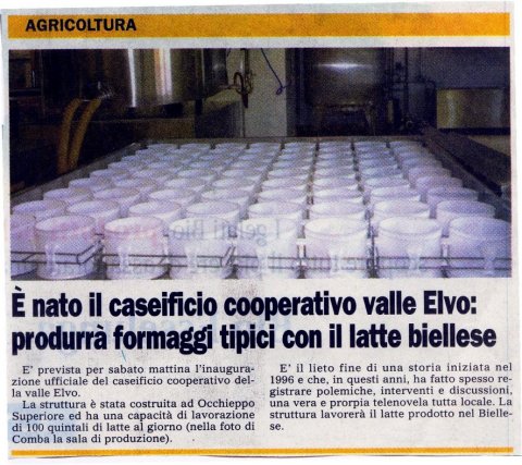 l'articolo de Il Biellese (1/7/03) che annuncia l'inaugurazione del Caseificio