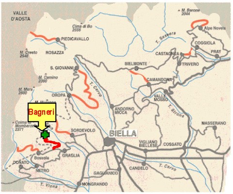 una mappa locale con l'indicazione della strada per Bagneri